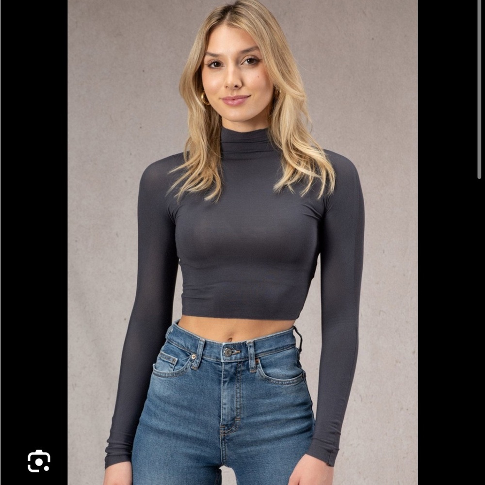 Women’s YoungLA sheer mock neck long sleeve coal top